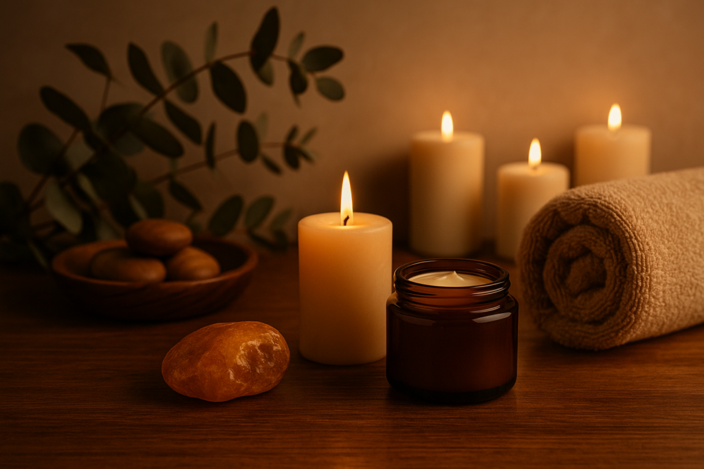 Ambiente tipo spa en casa con toques amaderados, velas encendidas, toalla enrollada y piedra ámbar sobre madera