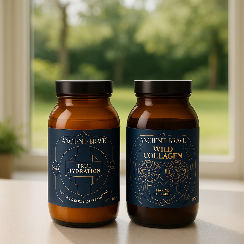 Cómo tomar colágeno. Ancient + Brave: colágeno marino y electrolitos. Botes de Ancient + Brave Wild Collagen y True Hydration sobre una mesa, con luz natural y jardín desenfocado al fondo