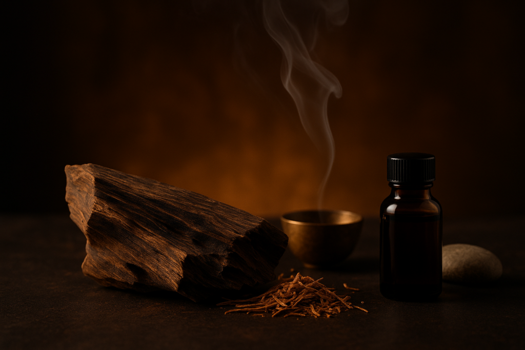 Qué es el oud: origen y aroma. Bodegón de madera de oud (agarwood) con humo aromático suave y frasco de aceite oscuro en ambiente cálido tipo spa