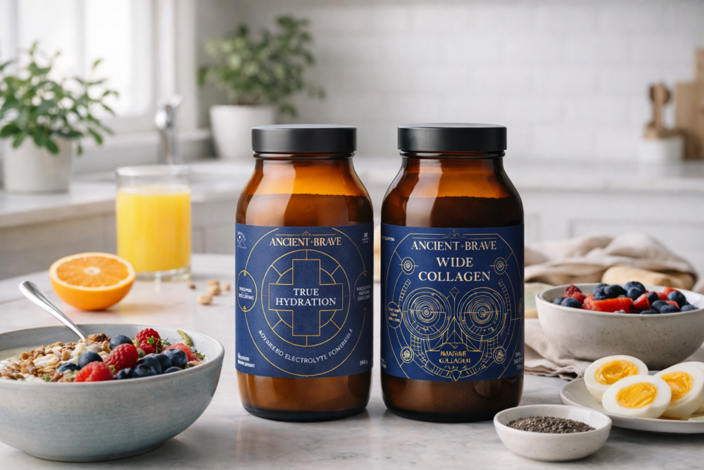 Suplementos Ancient + Brave True Hydration y Wild Collagen con desayuno saludable en cocina