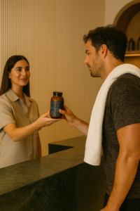 Recepcionista en spa de lujo entregando True Hydration de Ancient + Brave a un cliente tras sudar y necesitar electrolitos