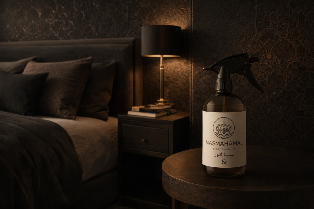 bruma textil para aromatizar cojines, sabanas, sofas en habitación de lujo