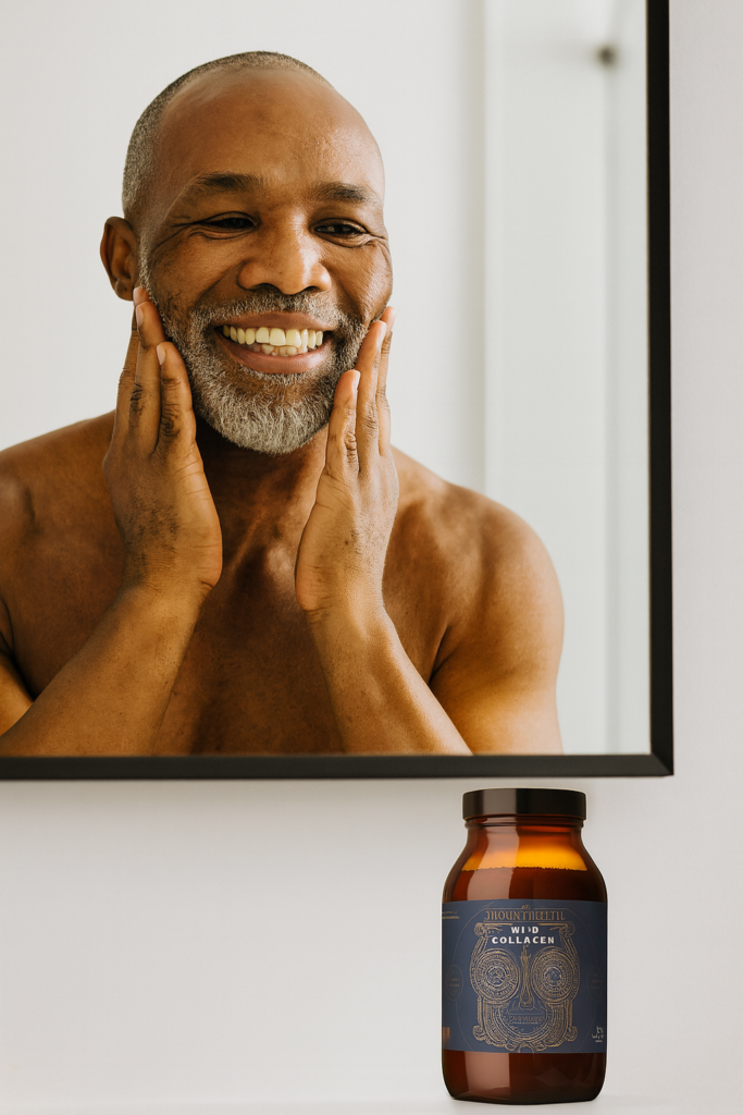 Hombre sonriendo frente al espejo con piel radiante y bote de Wild Collagen de Ancient + Brave en el lavabo