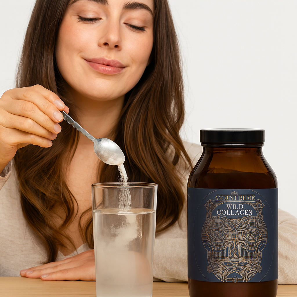 Mujer añadiendo una cucharada de colágeno marino Wild Collagen de Ancient + Brave a un vaso de agua