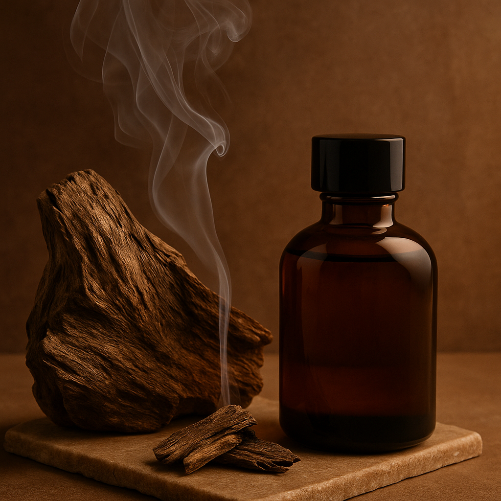 Madera de oud (agarwood) con humo aromático y frasco de aceite oscuro en ambiente cálido tipo spa