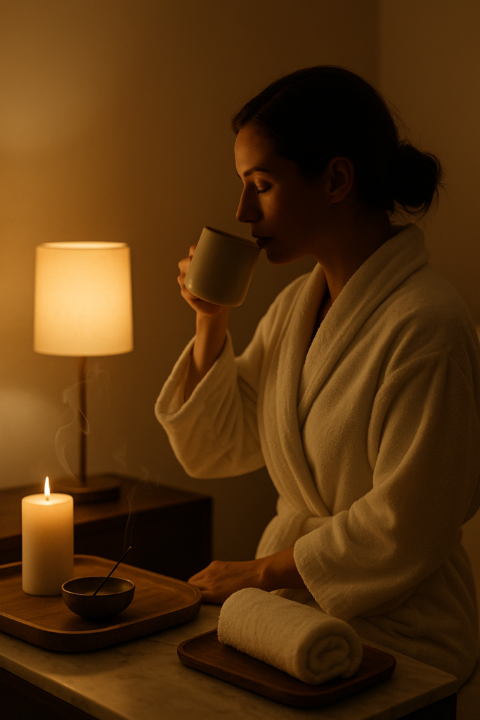 Mujer con albornoz en un ritual nocturno tipo spa en casa con luz cálida, vela e incienso con humo sutil