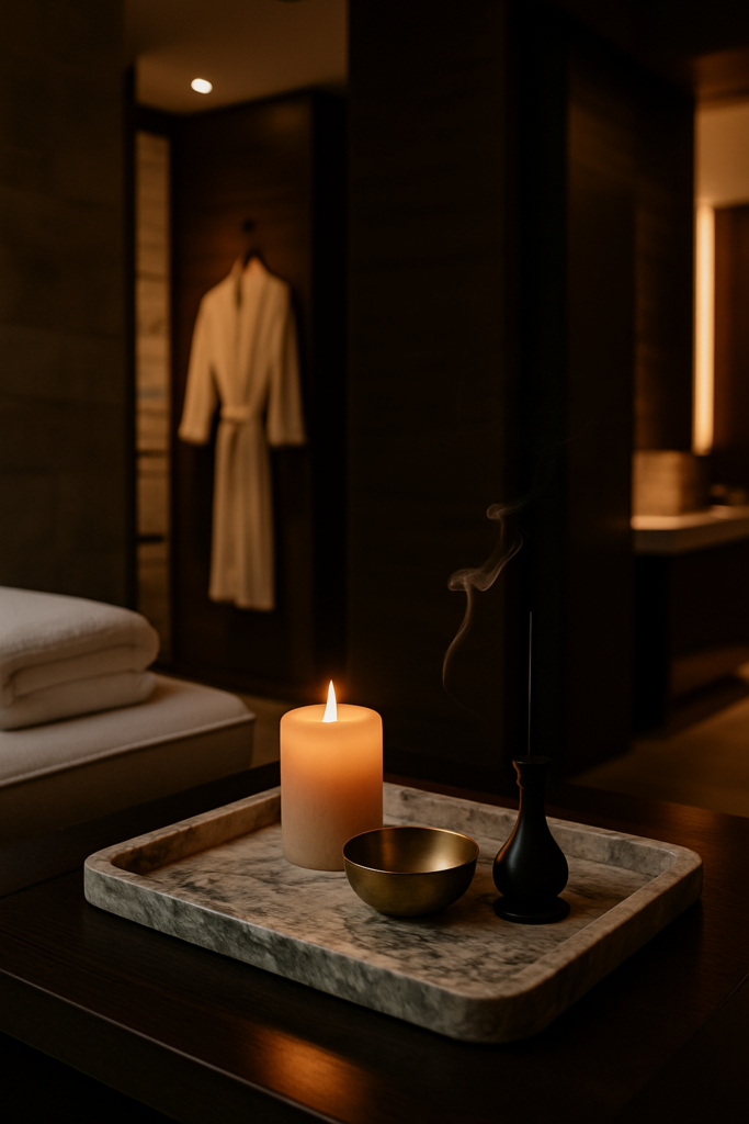 Ambiente de spa de lujo con vela encendida, cuenco dorado e incensario con humo suave sobre bandeja de mármol
